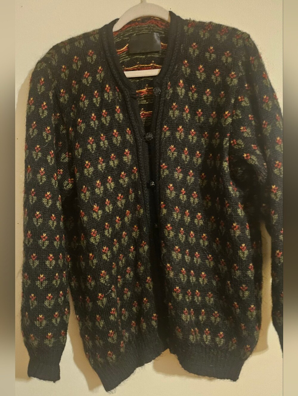 Vintage 90s Vitabella Norway Mohair Cardigan Black Floral Knit Sweater Womens L
